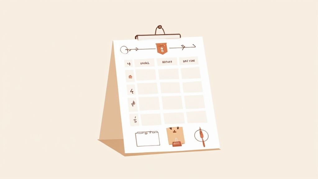 Ilustración minimalista de un portapapeles con una tabla de planificación de tareas, incluyendo metas y acciones.