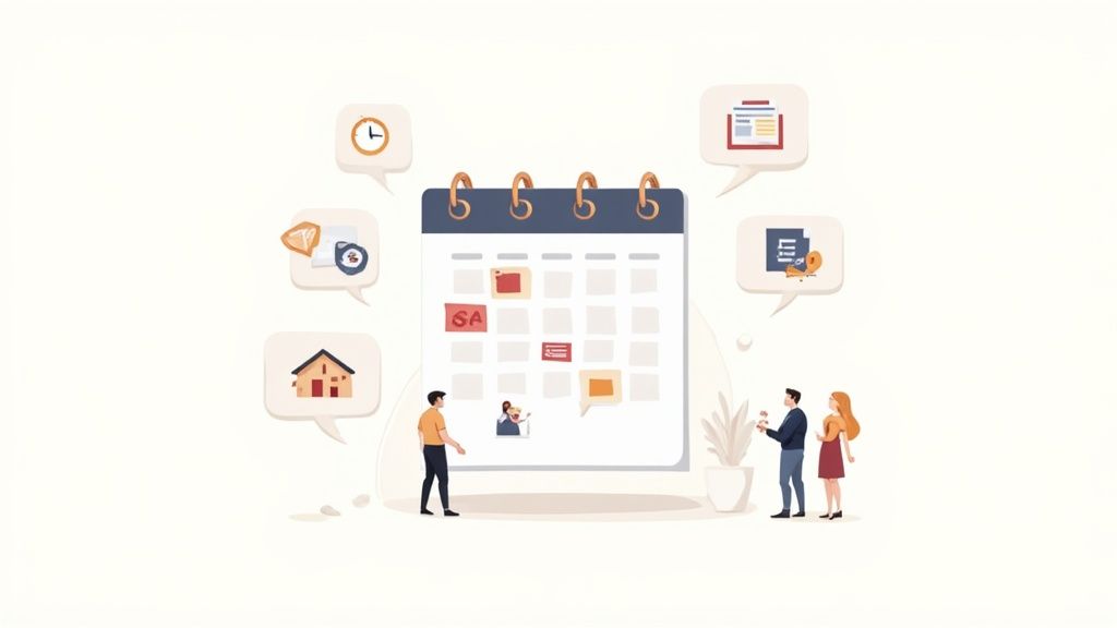 Ilustración de personas organizando un calendario con íconos de tiempo, casa y trabajo, ideal para gestión de horarios.