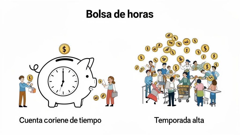 Ilustraciones que contrastan el ahorro de horas en una cuenta de tiempo con la alta demanda en temporadas pico.