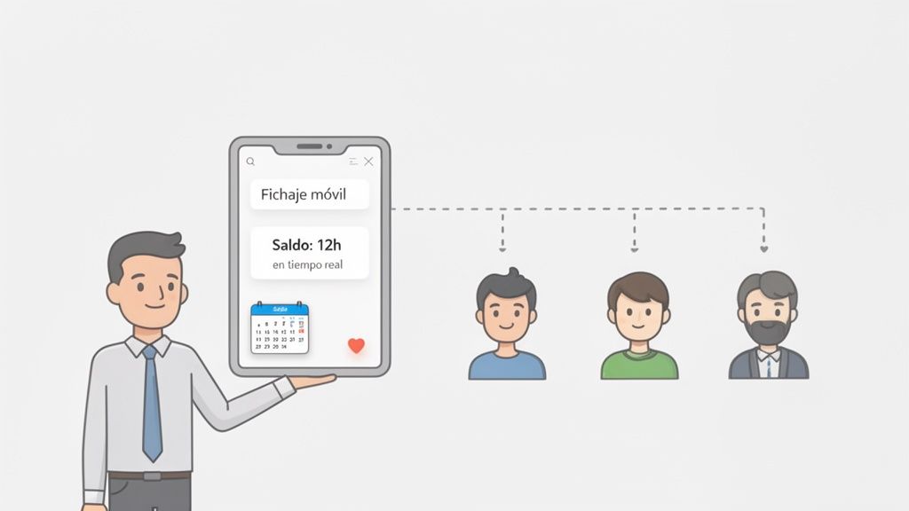 Hombre mostrando una aplicación móvil para el registro de horas y el saldo de tiempo en tiempo real para empleados.