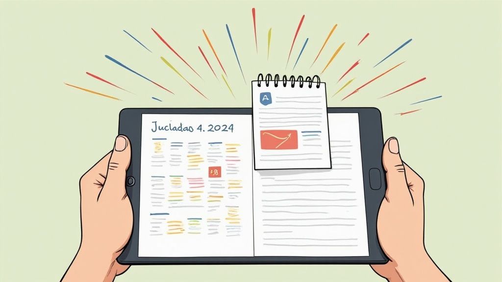 Un gerente revisando horarios en una tableta con sus empleados trabajando en segundo plano en una cafetería.