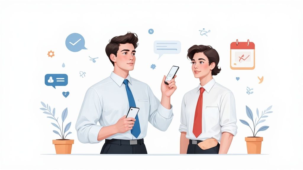 Una persona usando su móvil para revisar los horarios de trabajo con una interfaz clara y moderna.