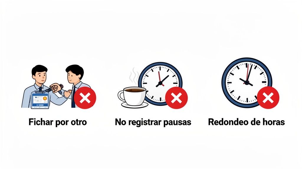 Ilustración que muestra prácticas incorrectas en el registro de la jornada laboral: fichar por otro, no registrar pausas y redondeo de horas.