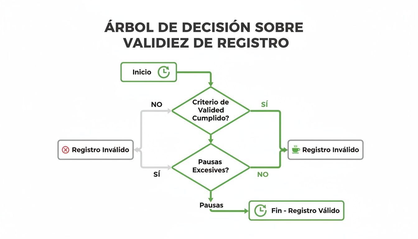Diagrama de flujo que muestra el árbol de decisión para determinar la validez de un registro.
