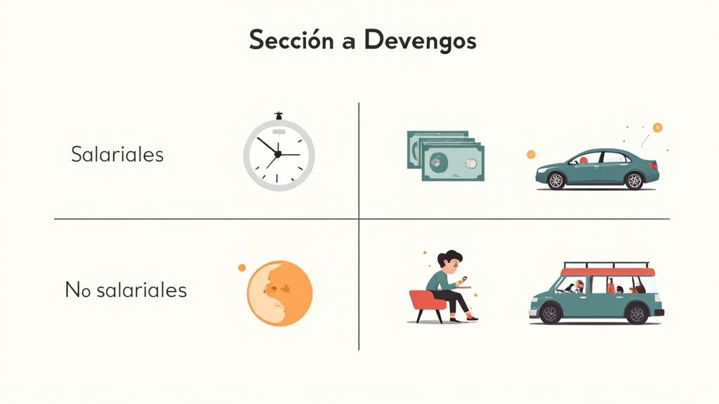 Un primer plano de la sección de devengos de una nómina española, destacando el salario base y los complementos