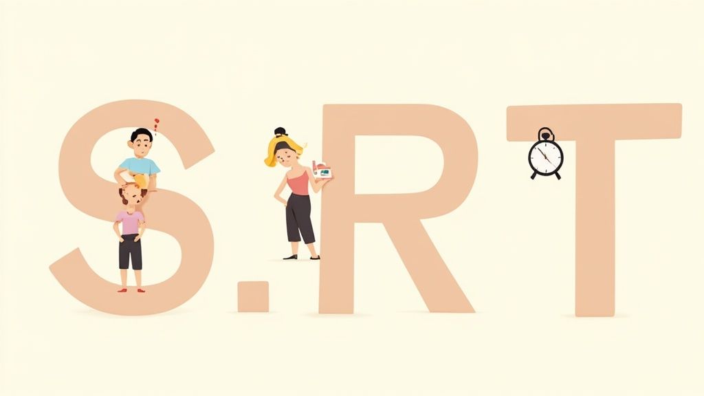 Team collaborating on a SMART goal chart with icons for each letter