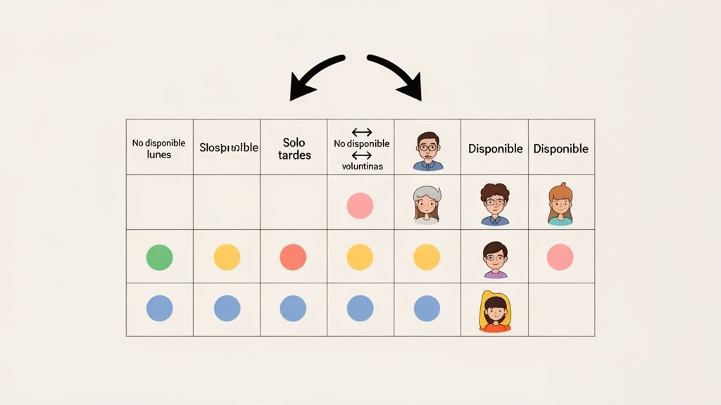Tabla de disponibilidad mostrando personas y círculos de colores que indican estados y restricciones horarias.