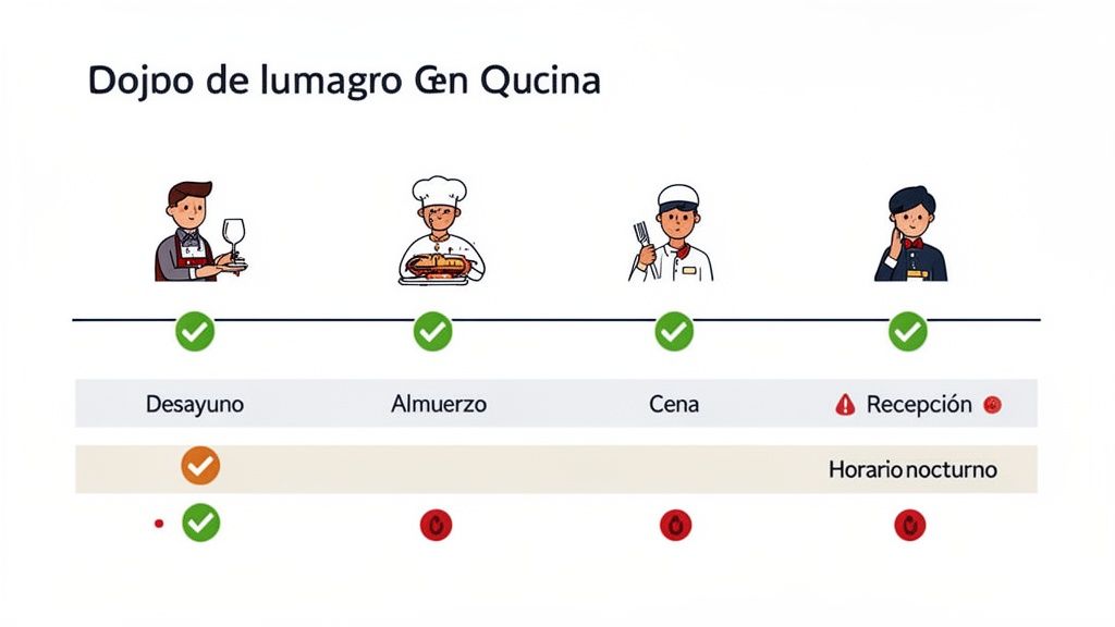 Cronograma de servicios de cocina mostrando horarios de desayuno, almuerzo, cena, recepción y horario nocturno con disponibilidad.