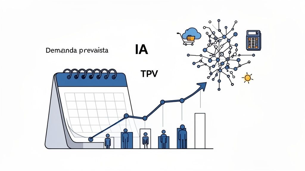 Representación visual de la demanda prevista y TPV utilizando IA, con calendario y gráfico de datos.