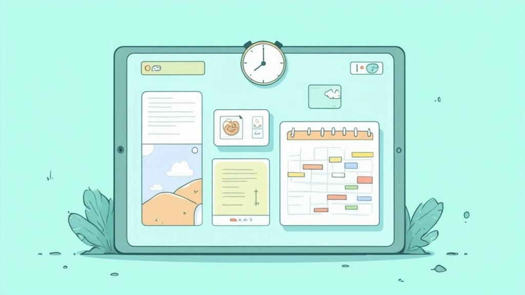 Una tableta digital con widgets de planificación, incluyendo un reloj, notas y un calendario de tareas.