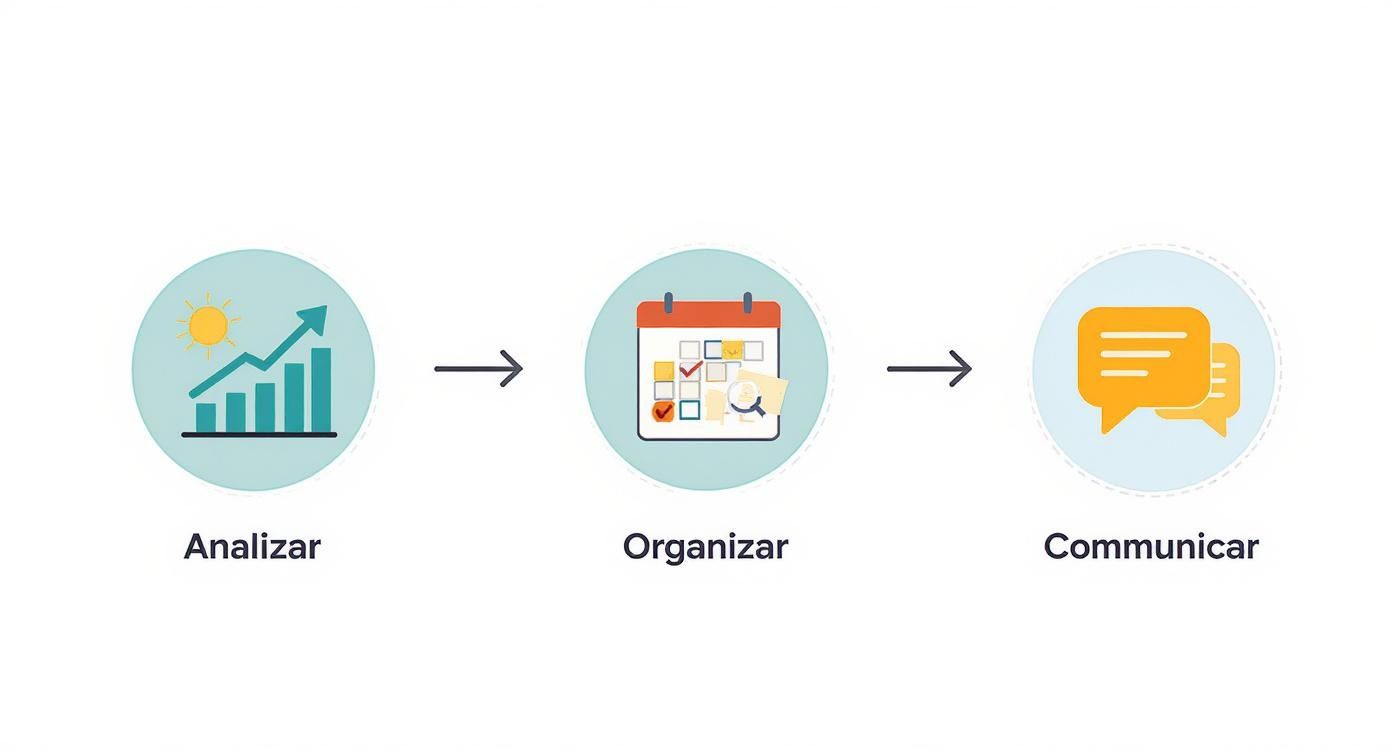 Diagrama de flujo ilustrando un proceso de tres pasos: analizar datos, organizar tareas y comunicar ideas o resultados.