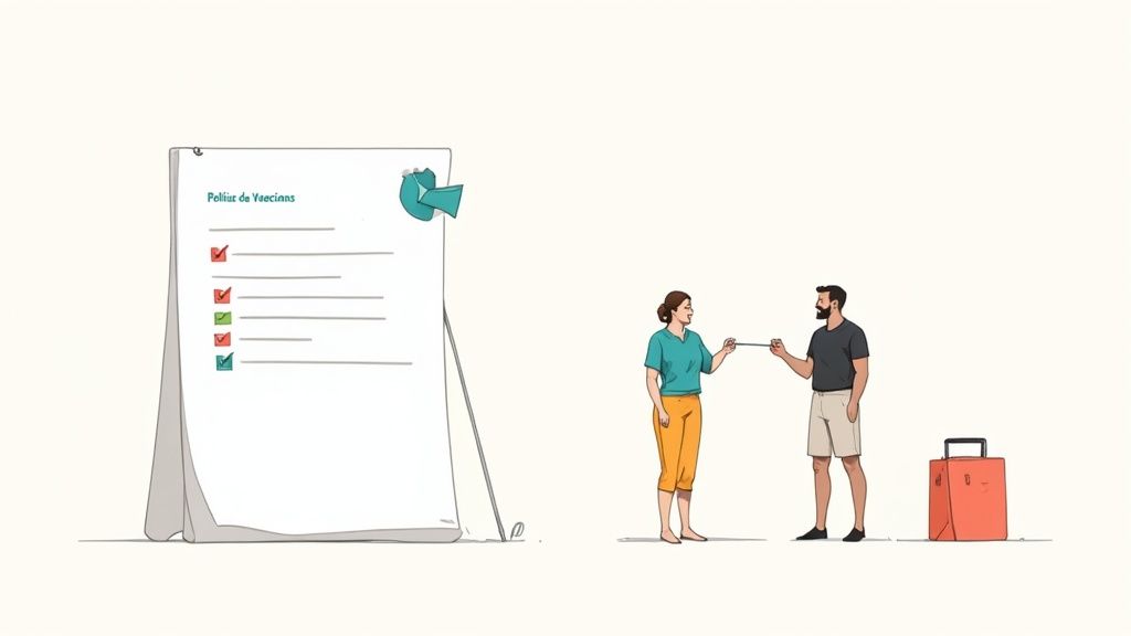 Una pareja planifica sus vacaciones con una lista de tareas marcada y una maleta.