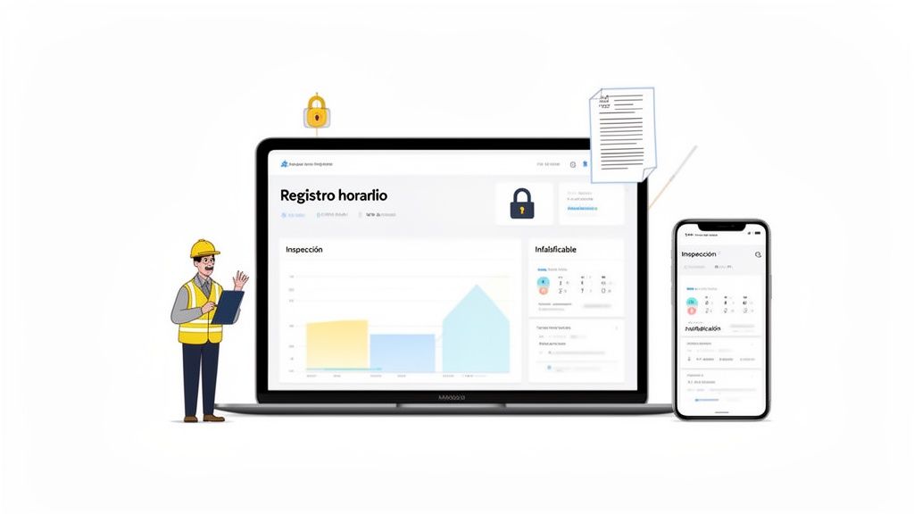Trabajador con casco y chaleco junto a portátil y móvil mostrando un sistema de registro horario digital y de inspección.