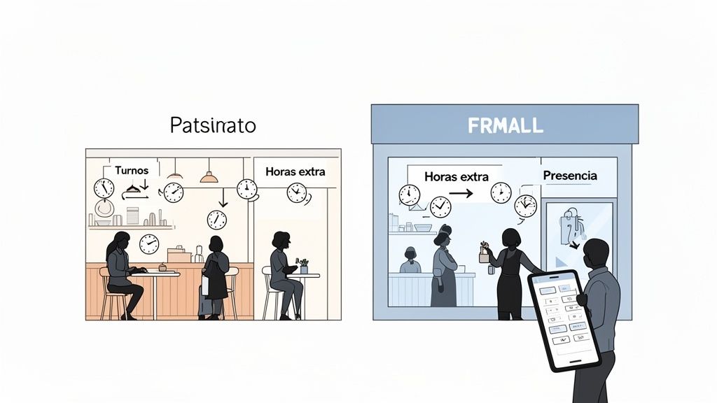 Comparación de registro horario: manual vs. digital para turnos y horas extra en negocios.