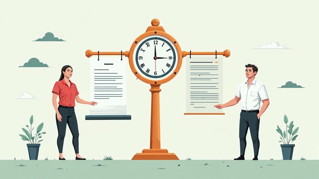 Dos profesionales presentando tableros informativos junto a un reloj público naranja en el centro