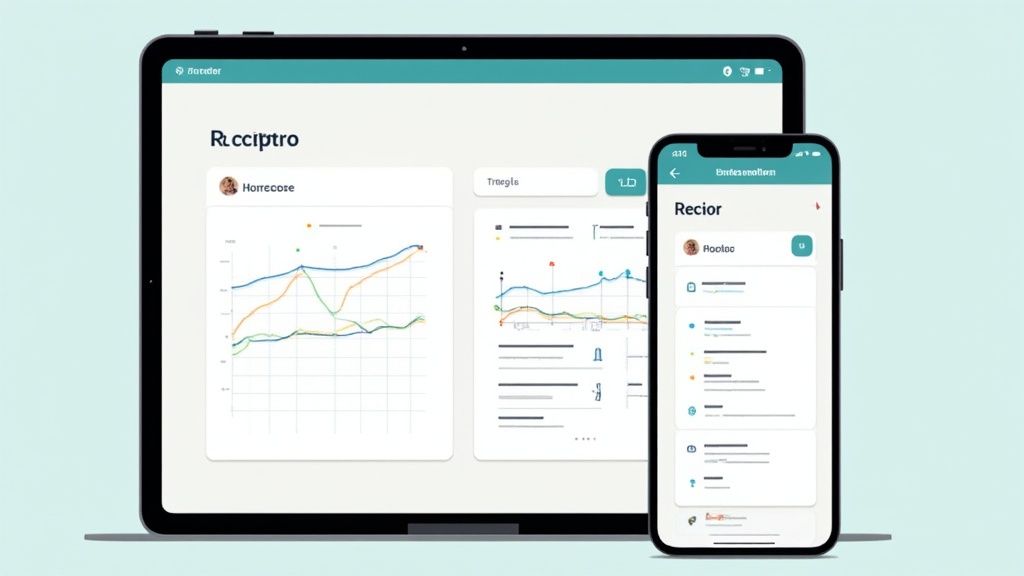 Aplicación móvil y tablet mostrando gráficos de seguimiento de horas de trabajo y registro horario laboral