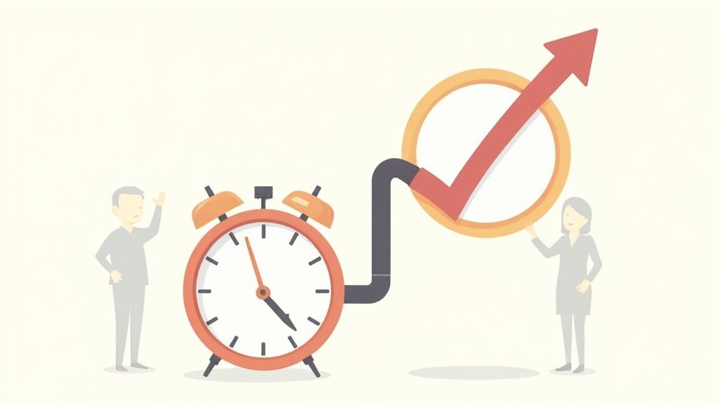 Una mano utilizando un teléfono móvil para fichar digitalmente, con un calendario y un reloj en el fondo.