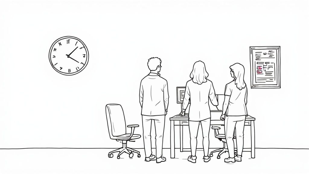 Una persona usando una tablet para registrar su jornada laboral en un entorno de trabajo moderno.