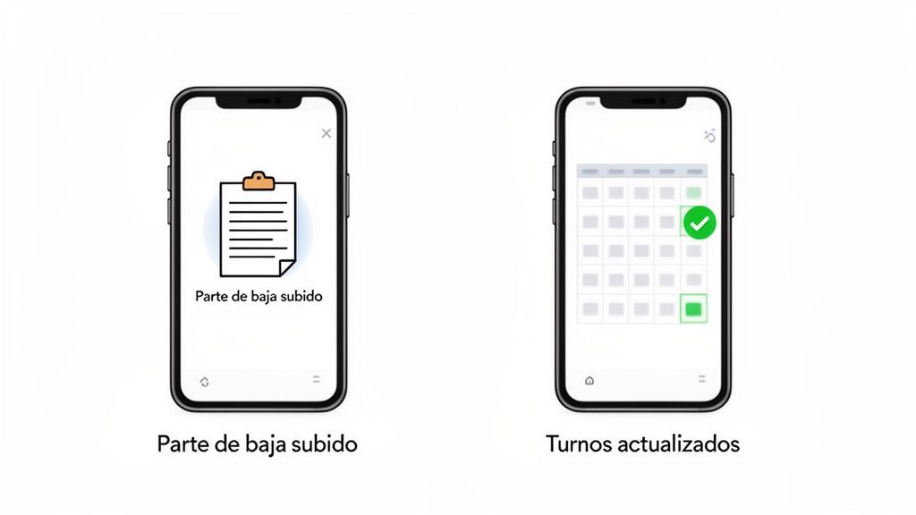 Dos pantallas de smartphone mostrando la gestión de baja laboral y turnos actualizados en un calendario.