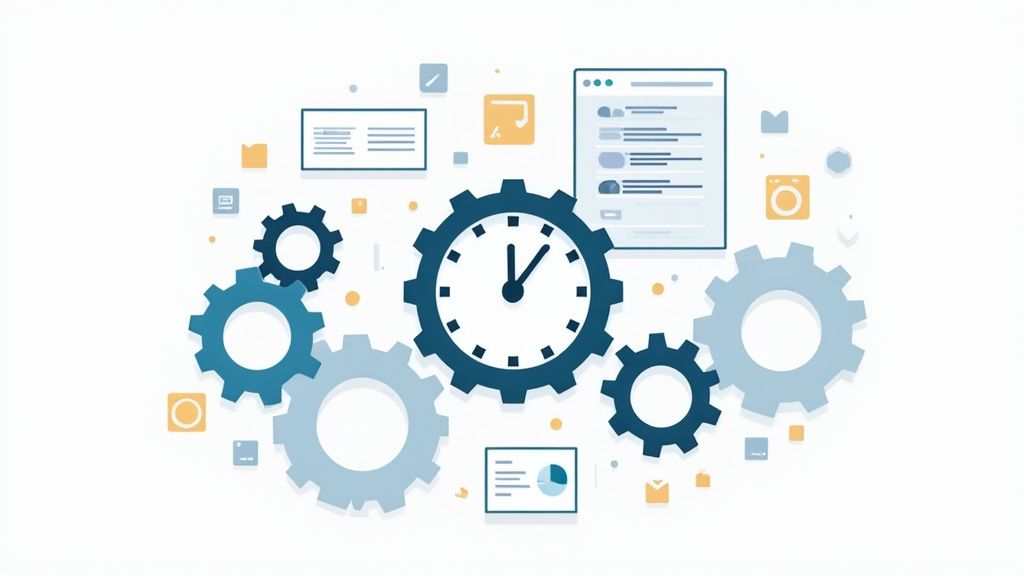 Un gestor de personal sonríe mientras revisa datos de planificación de turnos en una tablet.