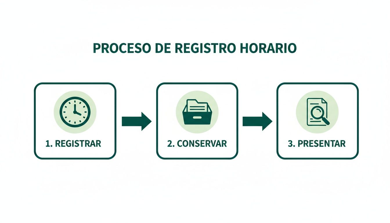 Diagrama que ilustra el proceso de registro horario en tres pasos: registrar, conservar y presentar la información.