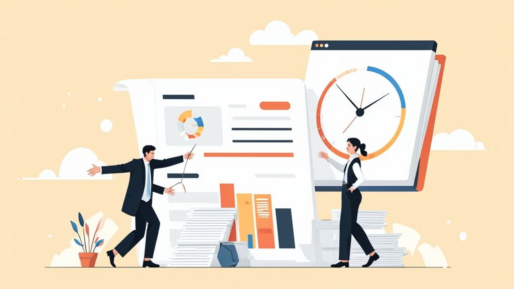 Profesionales de negocios presentando gestión de tiempo y productividad con reloj y gráficos analíticos