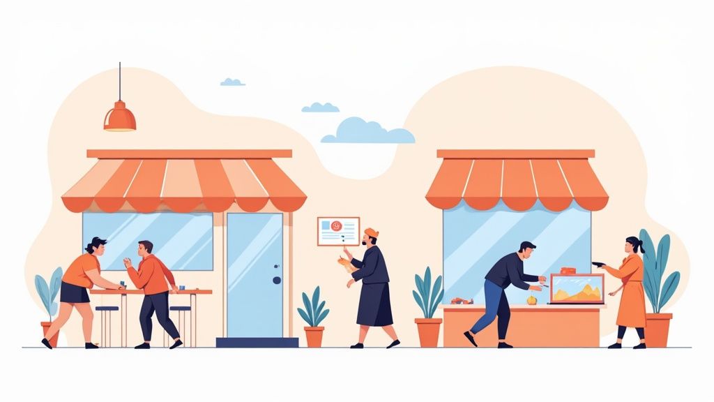 Ilustración de pequeños negocios locales con clientes comprando y disfrutando en cafeterías y tiendas