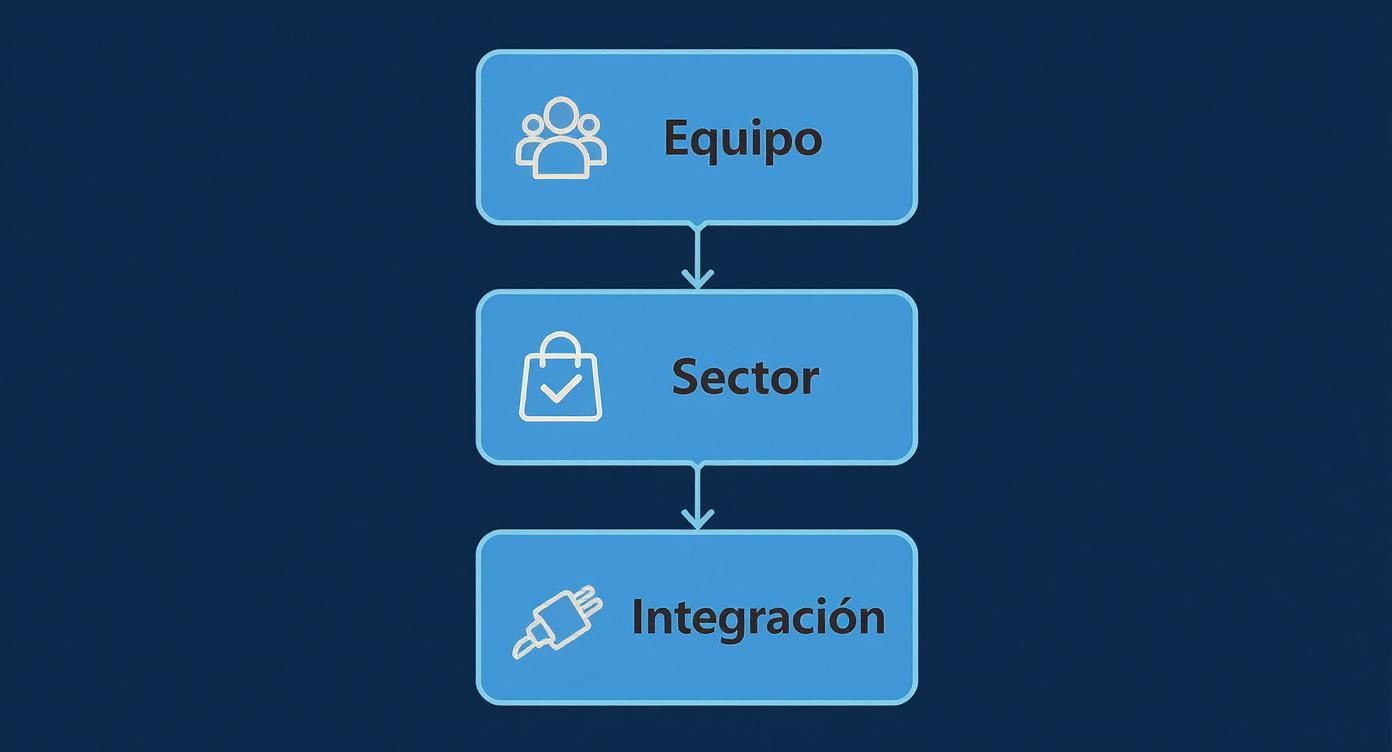Diagrama de flujo mostrando jerarquía organizacional: Equipo, Sector e Integración con iconos representativos