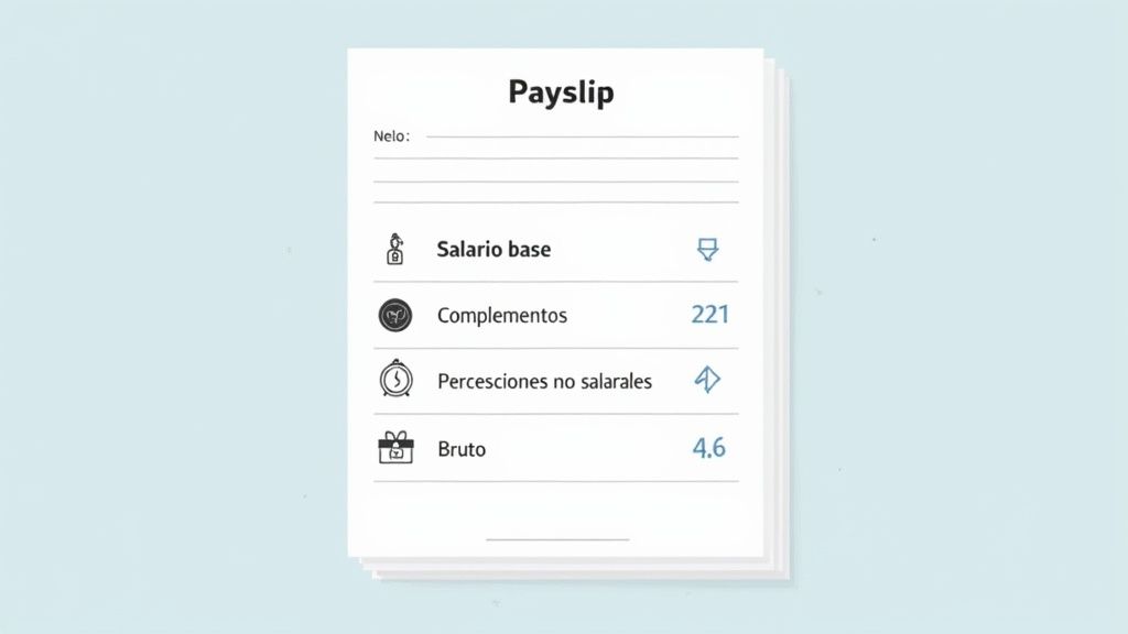 Una persona revisando documentos de nómina en un escritorio con una calculadora y una planta.