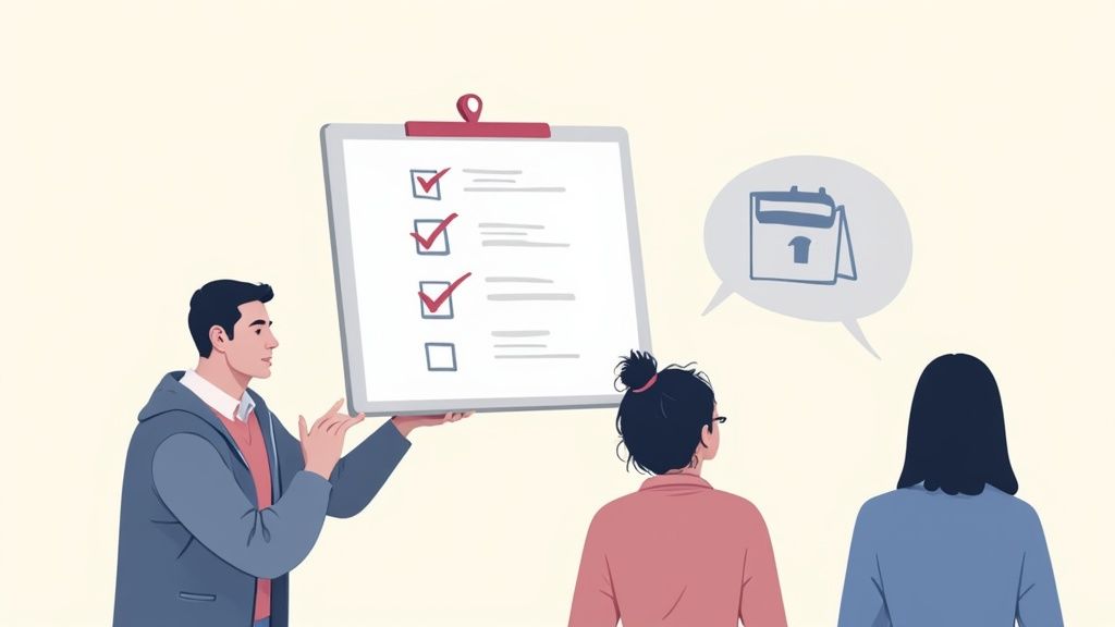 Gerente de RRHH explicando el nuevo sistema de fichaje a sus empleados en una tablet