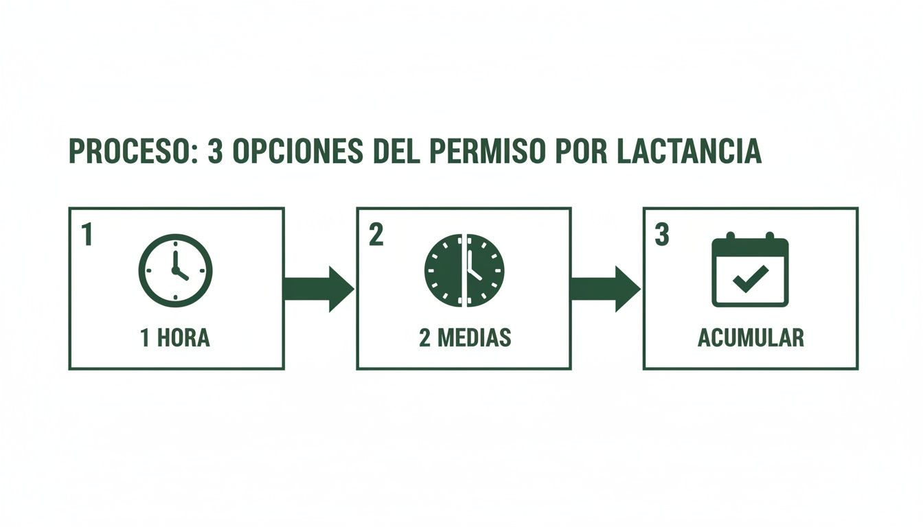 Infografía que muestra 3 opciones para el permiso por lactancia: 1 hora diaria, 2 medias horas, o acumular el tiempo.