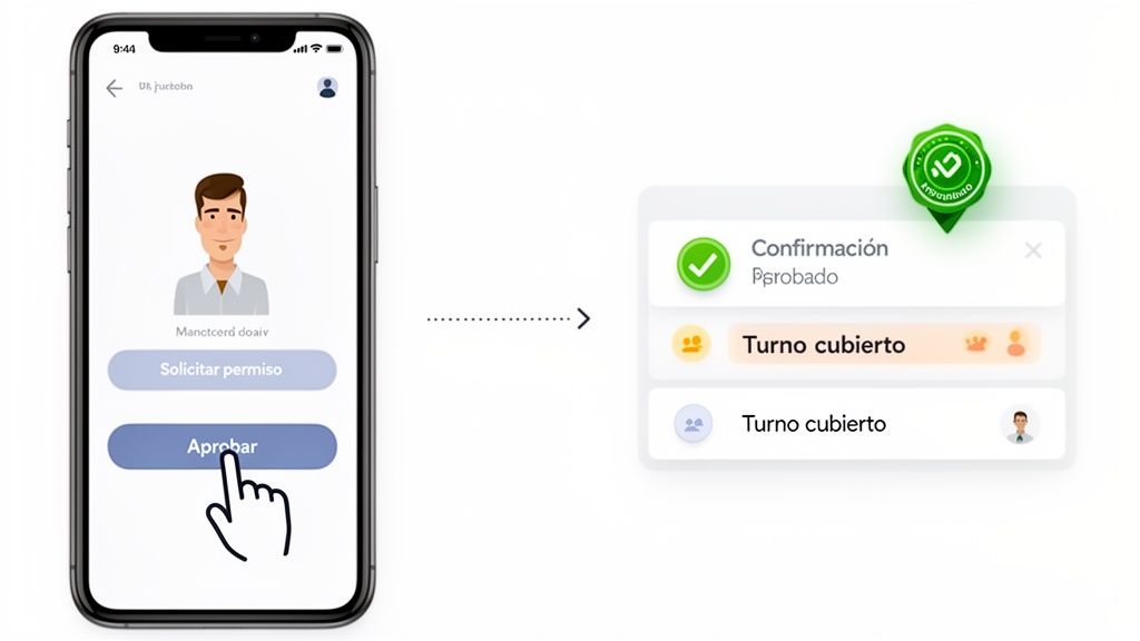 Proceso de aprobación de una solicitud de permiso y la confirmación de un turno cubierto en una aplicación móvil.