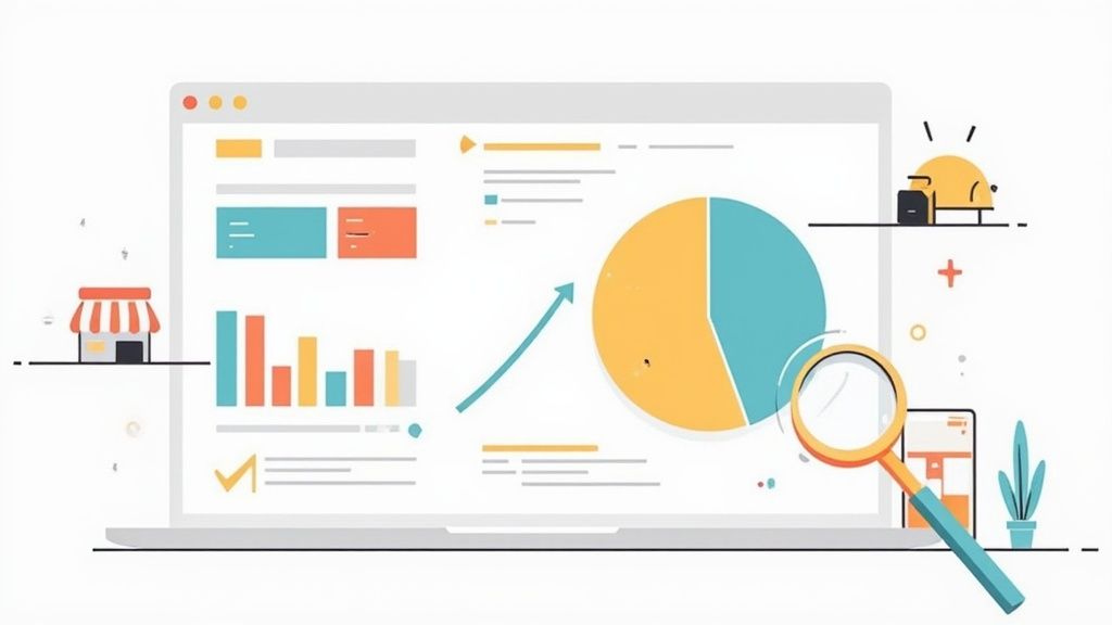 Laptop mostrando gráficos de análisis de negocios, una flecha de crecimiento, y una lupa para seguimiento de rendimiento.
