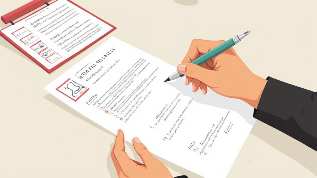 Manos escribiendo en un formulario con bolígrafo, sobre una mesa con portapapeles.