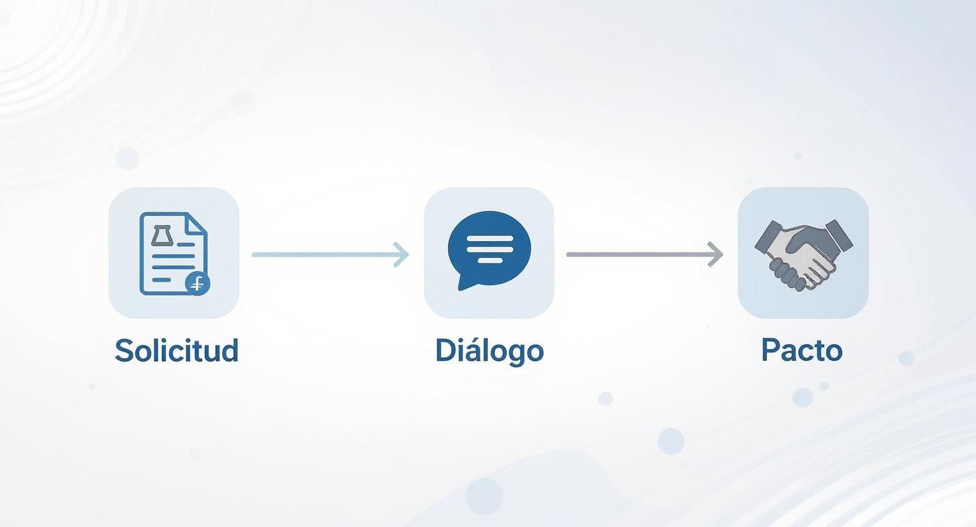 Proceso visual de tres etapas: solicitud, diálogo y pacto, representado por íconos claros y flechas.