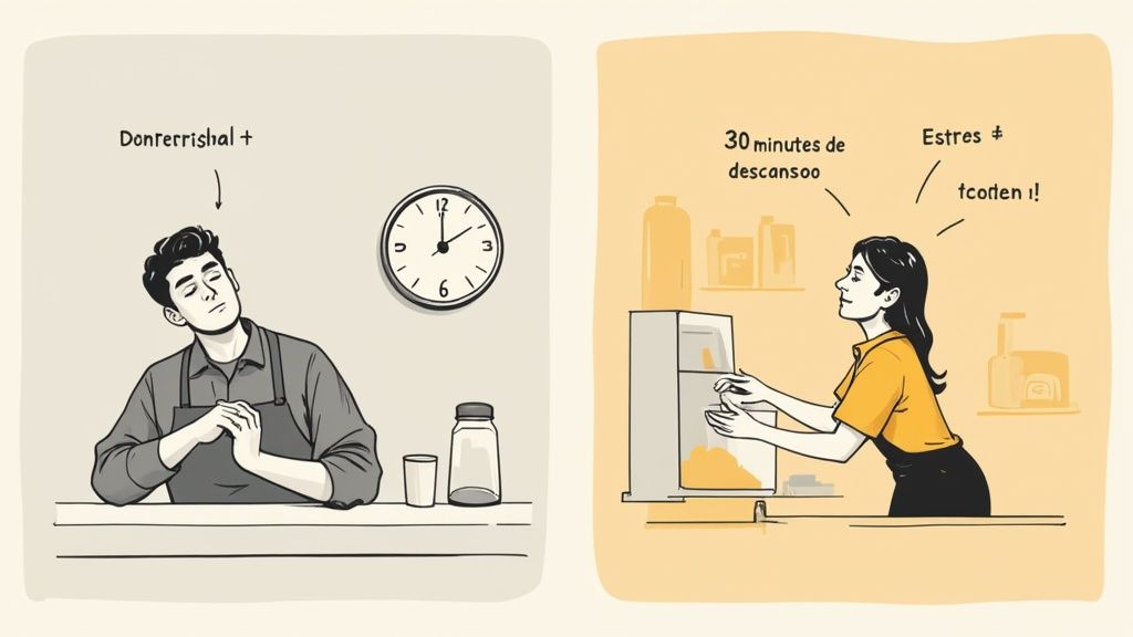 Dos personas en entornos laborales; un hombre agotado y una mujer pensando en el descanso y el estrés.