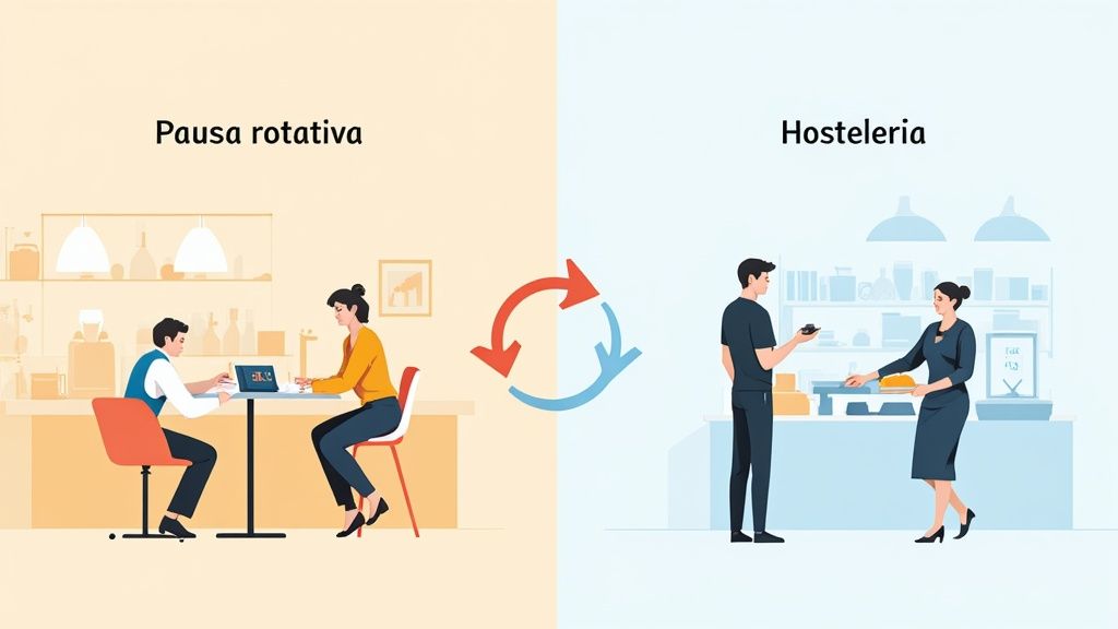 Ilustración que compara una pausa rotativa con dos personas trabajando y la hostelería con interacción cliente-empleado, unidas por flechas de rotación.