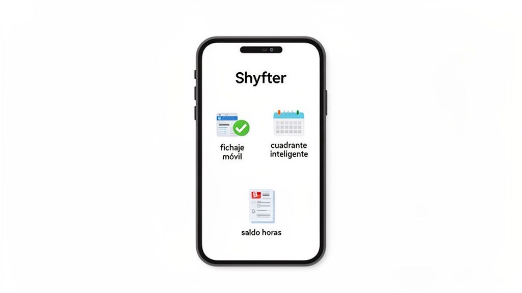 Smartphone con la aplicación Shyfter mostrando opciones de fichaje móvil, cuadrante inteligente y saldo de horas.