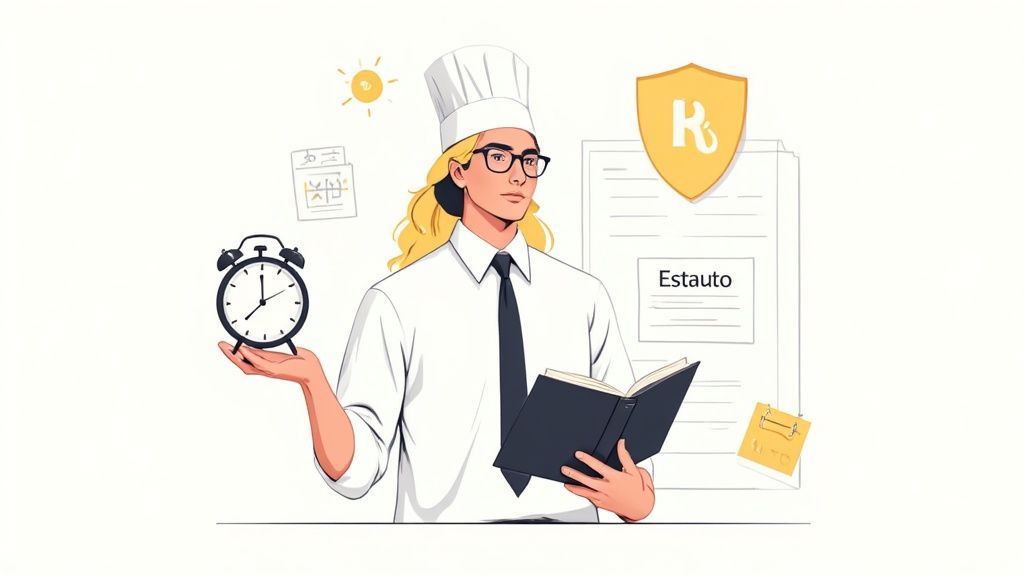 Una persona revisando documentos de RRHH con un portátil al lado