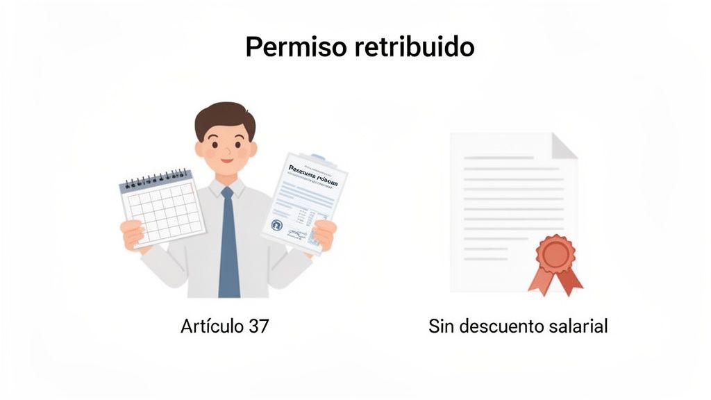 Ilustración de empleado con calendario y documento explicando permiso retribuido según Artículo 37, sin descuento salarial.