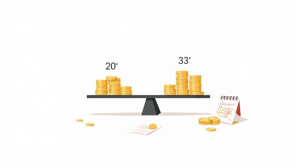 Una balanza con pilas de monedas, mostrando "20s" en un lado y "33s" en el otro. El lado "33s" parece más pesado.