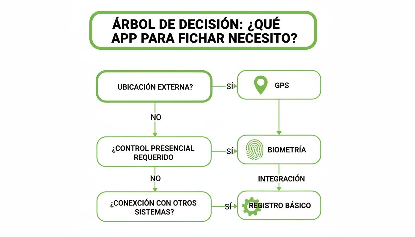 Diagrama de árbol de decisión para elegir una aplicación de fichaje, considerando ubicación, biometría e integración.