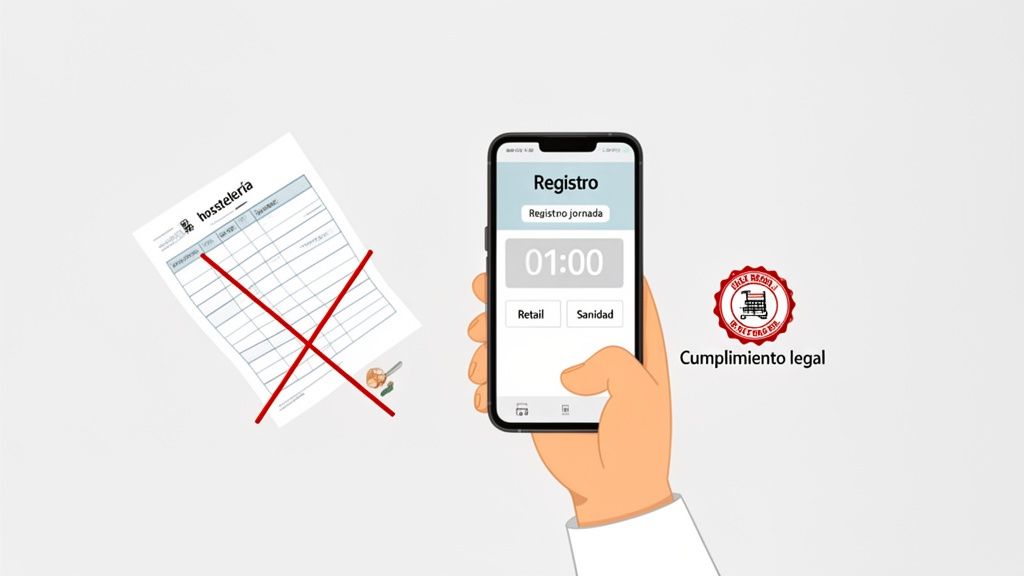 App móvil para fichar en el trabajo, reemplazando registros en papel y asegurando cumplimiento legal.