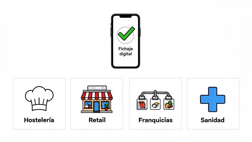 Imagen que muestra una aplicación de fichaje digital para empleados en hostelería, retail, franquicias y sanidad.