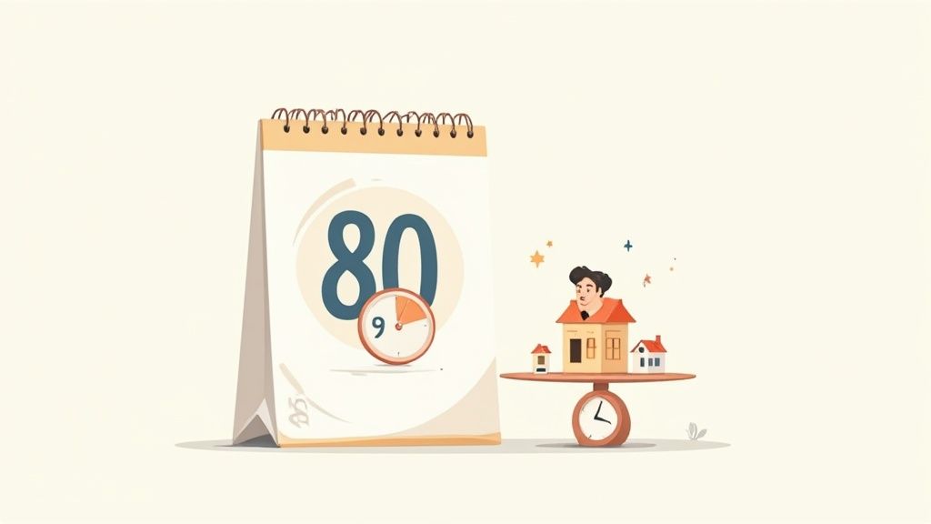 Ilustración de calendario con '80' y reloj, representando límites de horas extras y equilibrio laboral.