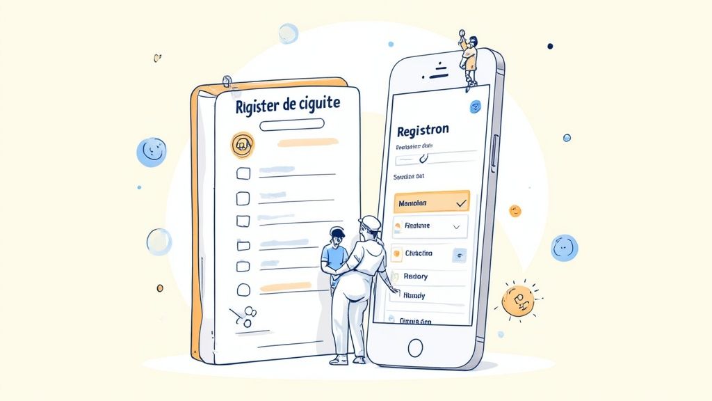 Ilustración que compara un registro de papel tradicional con una aplicación móvil moderna para la gestión de información.