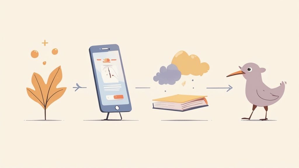 Ilustración de un proceso lineal con elementos: hoja, teléfono inteligente, nubes, libro y pájaro.