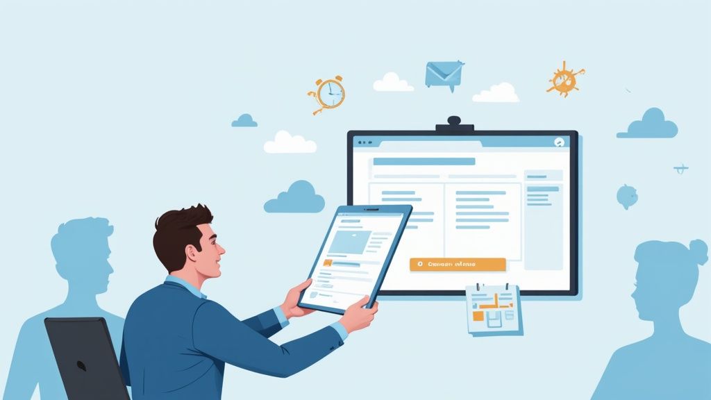 Un hombre presenta datos en tablet y pantalla grande, con iconos digitales, en un entorno de oficina.