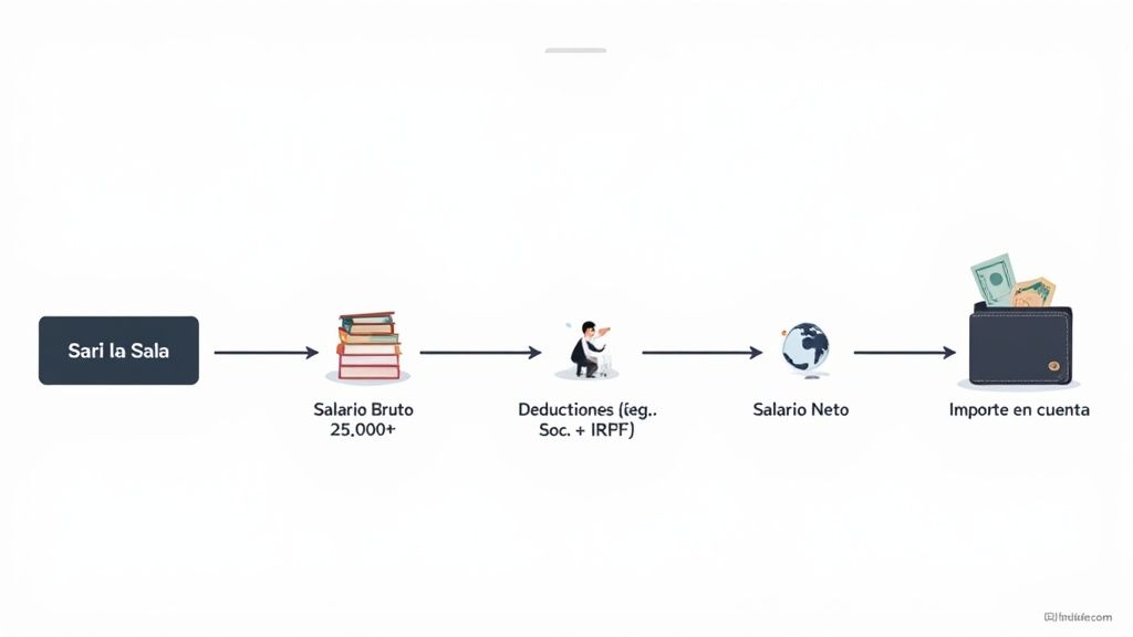 Diagrama de flujo mostrando el cálculo del salario bruto a neto, incluyendo deducciones y el importe final.
