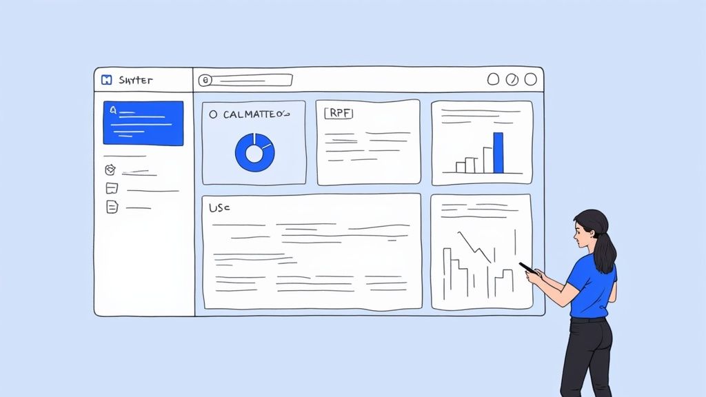 Una mujer revisa un panel de control digital con gráficos y datos en pantalla azul claro, mostrando análisis.